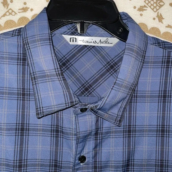 ✨HP✨ TRAVIS MATHEW MENS BLUE PLAID BUTTON-UP COLLARED SHIRT WITH POCKET, SIZE XL - Picture 6 of 7